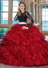 Two Piece Ball Gown Organza Ruffled Backless Red and Black Quinceanera Dresses with Long Sleeves