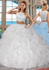 White Bateau Brush Train Side Zipper Two Piece Quinceanera Dresses with Beading