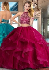 Wonderful Two Piece Tulle Fuchsia Quinceanera Dress with Beading and Ruffles