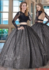 Beautiful Puffy Scoop Sequins Appliqued Long Sleeves Backless Two Piece Quinceanera Dresses