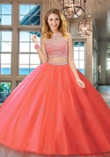 Beautiful Two Piece Tulle Brush Train Quinceanera Dress with Beaded Bodice