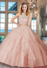 Designer Backless Ruffled and Beaded Bodice Quinceanera Dress in Light Pink