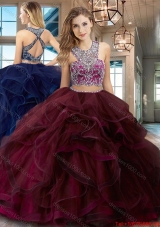 Gorgeous Brush Train Burgundy Quinceanera Dress with Ruffles and Beading