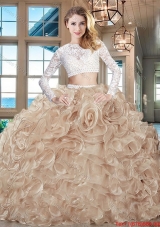 Hot Sale Two Piece Brush Train Laced Organza Sweet 16 Dress in Champagne
