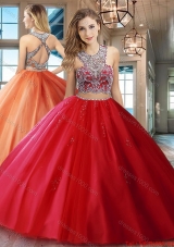 New Style Two Piece Really Puffy Beaded Scoop Red Quinceanera Dress
