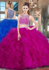 Pretty Two Piece Fuchsia Brush Train Quinceanera Dress with Ruffles and Beading