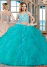 Puffy Ball Gown V Neck Tulle Two Piece Quinceanera Dresses with Beading and Ruffles