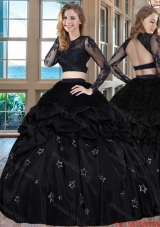 Two Piece Black Puffy Scoop Taffeta Long Sleeves Backless Quinceanera Dresses with Embroidery and Bubbles