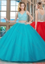 Two Piece Puffy V Neck Tulle Beaded Teal Quinceanera Dresses with Zippper Up