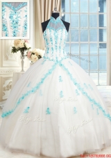 Cheap Visible Boning Halter Top Quinceanera Dress with Appliques and Beading