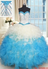 Fashionable Ruffled and Beaded Bodice Quinceanera Dress in Champagne and Blue