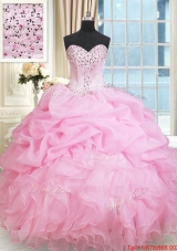 Latest Ruffled Beaded and Bubble Rose Pink Quinceanera Dress in Organza