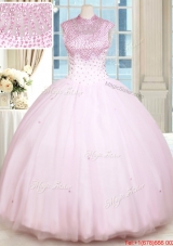 Latest See Through Beaded Decorated High Neck Zipper Up Baby Pink Quinceanera Dress in Tulle