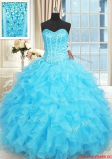Exclusive Visible Boning Ruffled and Beaded Aqua Blue Quinceanera Dress in Organza