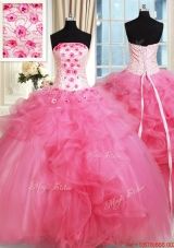 Affordable Beaded Strapless Hot Pink Quinceanera Dress with Appliques and Ruffles