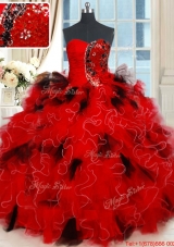 Classical Tulle Sequined and Ruffled Quinceanera Dress in Red and Black