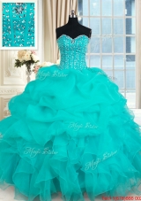 Elegant Visible Boning Beaded Bodice and Ruffled Turquoise Organza Quinceanera Gown