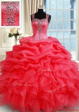 Gorgeous See Through Back Zipper Up Straps Organza Quinceanera Dress in Coral Red