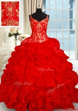 Lovely Spaghetti Straps Brush Train Red Quinceanera Dress with Ruffles and Bubbles