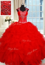 Perfect Open Back Ruffled and Beaded Red Quinceanera Dress with Cap Sleeves