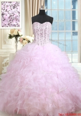 Perfect Visible Boning Ruffled and Beaded Bodice Lilac Quinceanera Dress in Organza