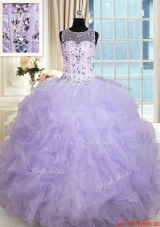 Popular See Through Scoop Ruffled and Beaded Quinceanera Dress in Lavender
