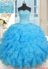 Popular Visible Boning Organza Baby Blue Quinceanera Dress with Ruffles and Beading