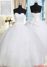 Simple Really Puffy Sweetheart Tulle White Quinceanera Dress with Beading