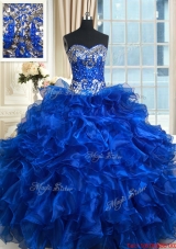 Unique Royal Blue Sweetheart Organza Quinceanera Dress with Ruffles and Beading