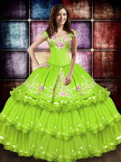 Embroidery and Ruffled Layers Sweet 16 Dress Yellow Green Lace Up Sleeveless Floor Length