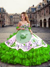 Captivating Green Ball Gowns Embroidery and Ruffled Layers 15 Quinceanera Dress Lace Up Organza Sleeveless Floor Length