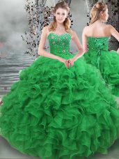 Fitting Green Sleeveless Organza Lace Up Quinceanera Dresses for Military Ball and Sweet 16