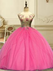 Popular Rose Pink Ball Gowns Appliques Quinceanera Dress Lace Up Organza Sleeveless Floor Length