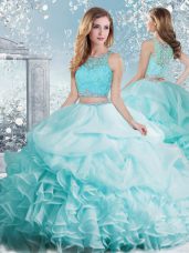 Aqua Blue Organza Clasp Handle Scoop Sleeveless Floor Length Quinceanera Gowns Beading and Ruffles and Pick Ups