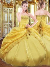 Lovely Gold Ball Gowns Strapless Sleeveless Taffeta Floor Length Lace Up Beading and Pick Ups 15 Quinceanera Dress