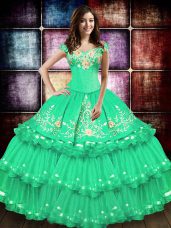 Fancy Turquoise Ball Gowns Taffeta Off The Shoulder Sleeveless Embroidery and Ruffled Layers Floor Length Lace Up Quinceanera Dresses