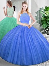 Fitting Floor Length Two Pieces Sleeveless Baby Blue Quinceanera Dresses Zipper