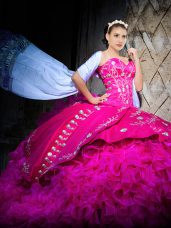 Flirting Sleeveless Organza Brush Train Lace Up Vestidos de Quinceanera in Fuchsia with Embroidery and Ruffles