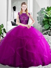 Captivating Fuchsia Scoop Zipper Lace and Ruffles Vestidos de Quinceanera Sleeveless