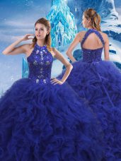 Deluxe Sleeveless Beading and Ruffles Lace Up 15th Birthday Dress with Blue Brush Train