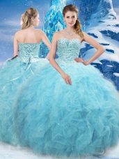 Chic Aqua Blue Ball Gowns Tulle Sweetheart Sleeveless Beading and Pick Ups Floor Length Lace Up Sweet 16 Dress