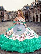 Turquoise Quinceanera Dresses Military Ball and Sweet 16 and Quinceanera with Embroidery and Ruffled Layers Sweetheart Sleeveless Lace Up