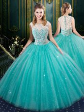 Aqua Blue Ball Gowns Tulle High-neck Sleeveless Lace Floor Length Zipper 15th Birthday Dress
