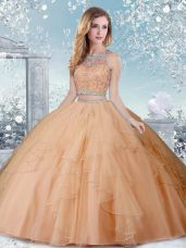 Designer Scoop Sleeveless Clasp Handle Quinceanera Gowns Champagne Tulle