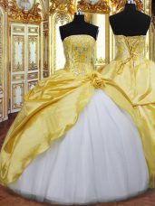 Designer Gold Sleeveless Floor Length Beading and Hand Made Flower Lace Up 15 Quinceanera Dress