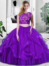 Modern Purple Zipper Scoop Lace and Ruffles Quinceanera Dresses Tulle Sleeveless