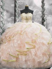 Beautiful Peach Lace Up Sweetheart Beading and Ruffles Vestidos de Quinceanera Organza Sleeveless Brush Train