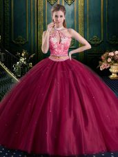 Custom Made Halter Top High-neck Sleeveless Tulle Quince Ball Gowns Beading and Lace and Appliques Lace Up