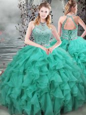 Scoop Sleeveless Quinceanera Gown Brush Train Beading and Ruffles Turquoise Organza