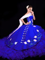 Royal Blue Sleeveless Brush Train Embroidery Sweet 16 Quinceanera Dress